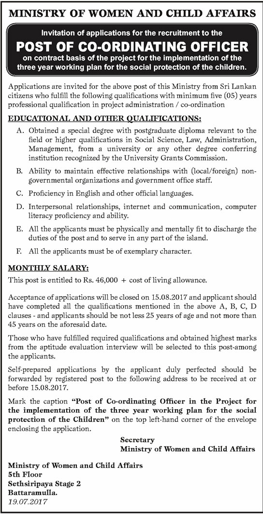 Coordinating Officer - Ministry of Women & Child Affairs